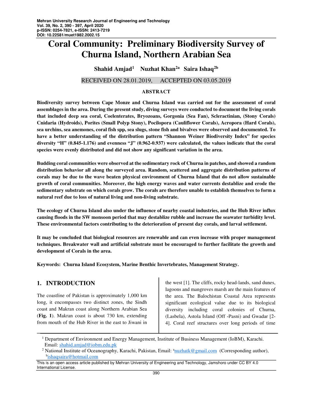 Preliminary Biodiversity Survey of Churna Island, Northern Arabian Sea