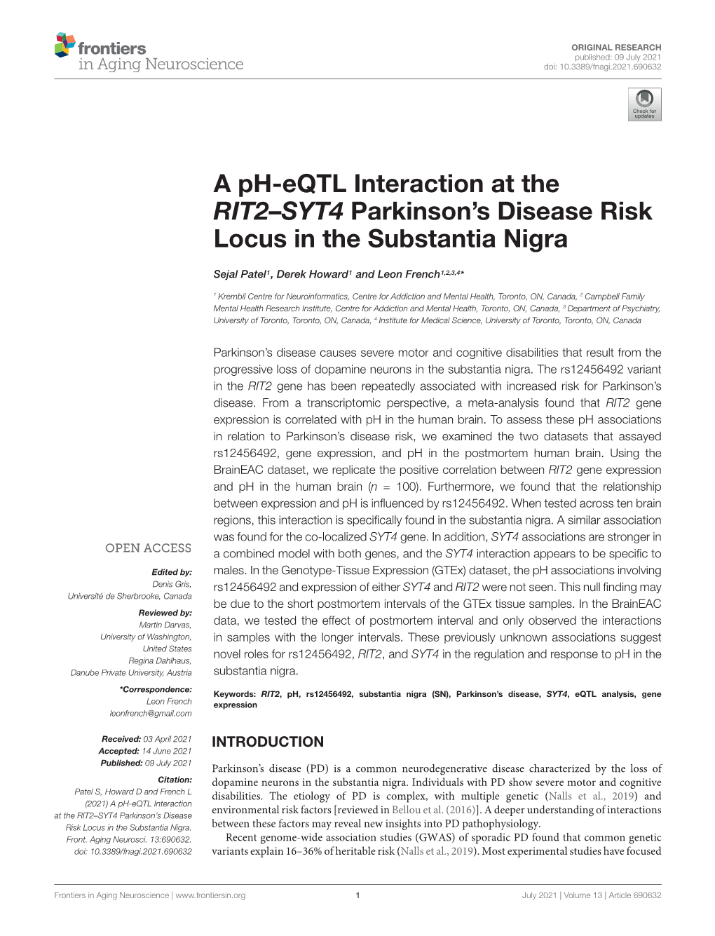 A Ph-Eqtl Interaction at the RIT2–SYT4 Parkinson's Disease Risk Locus in the Substantia Nigra