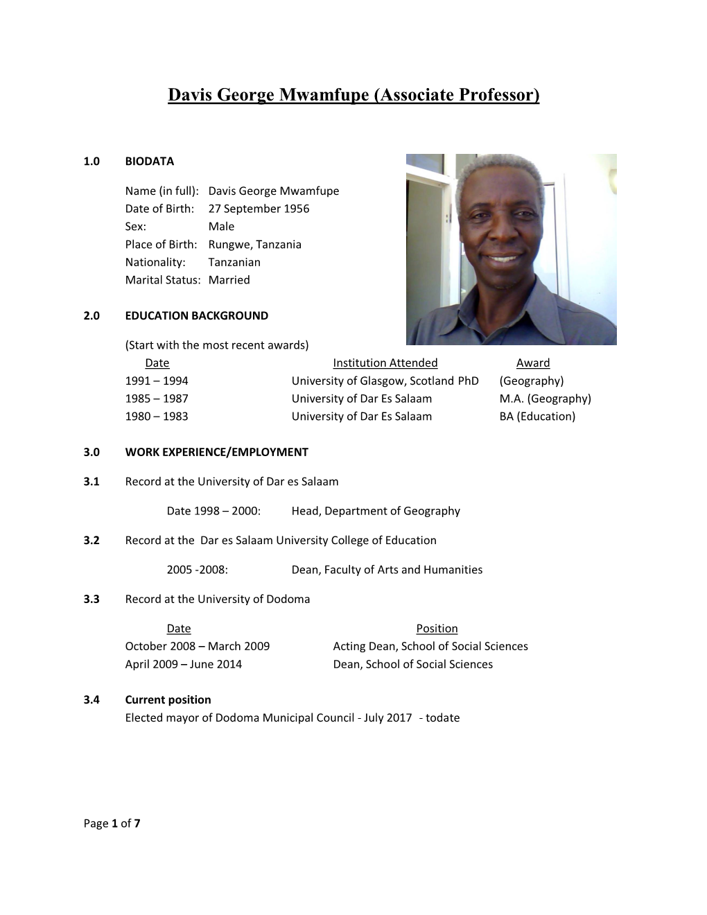 Davis George Mwamfupe (Associate Professor)