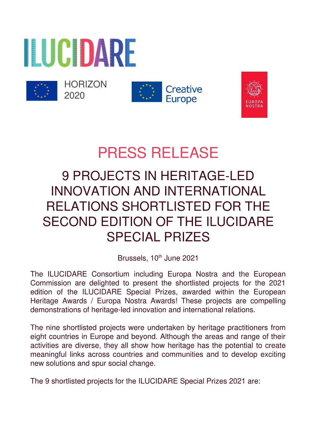 Press Release 9 Projects in Heritage-Led Innovation and International Relations Shortlisted for the Second Edition of the Ilucidare Special Prizes