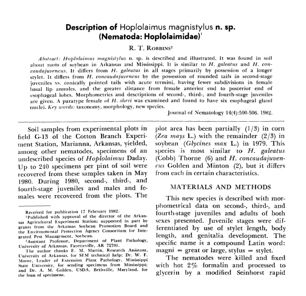 Description of Hoplolaimus Magnistylus N. Sp. (Nematoda: Hopiolaimidae) 1 R