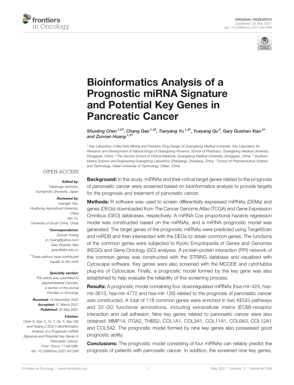 Bioinformatics Analysis of a Prognostic Mirna Signature and Potential Key Genes in Pancreatic Cancer
