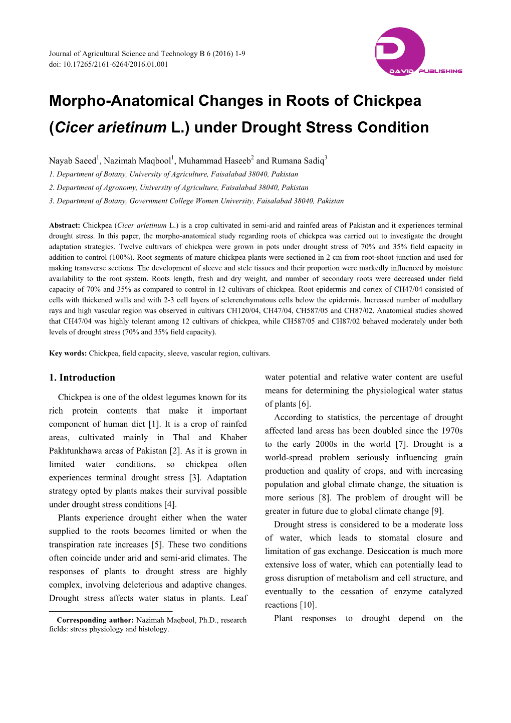 (Cicer Arietinum L.) Under Drought Stress Condition