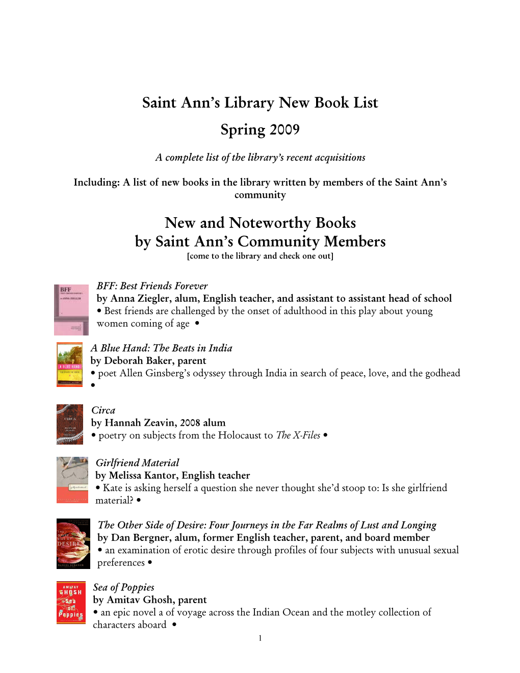 Saint Ann's Library New Book List Spring 2009 New and Noteworthy
