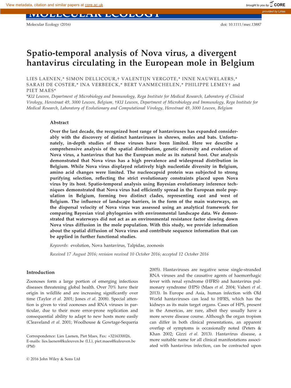 Spatio-Temporal Analysis of Nova Virus, a Divergent Hantavirus Circulating in the European Mole in Belgium