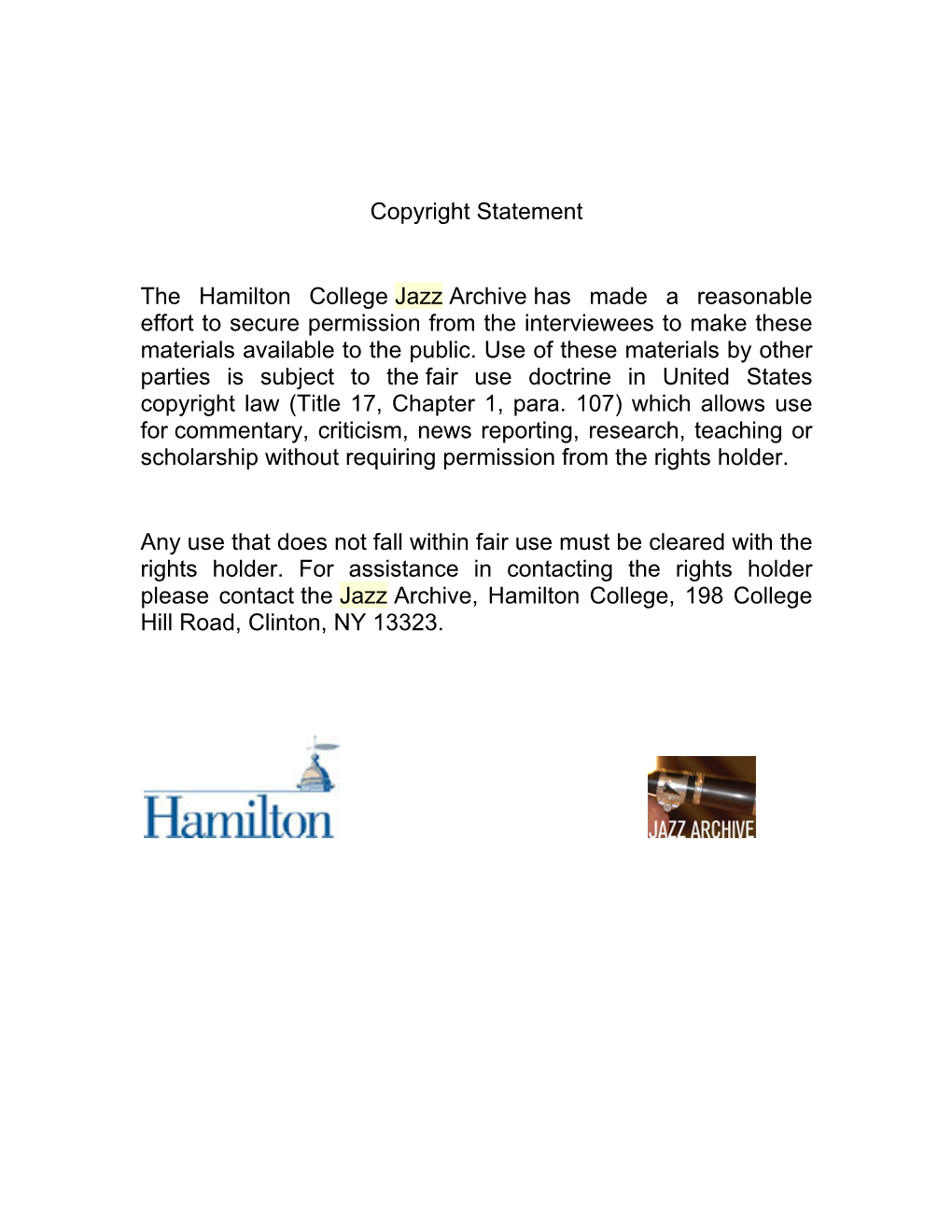 Copyright Statement the Hamilton College Jazz Archive