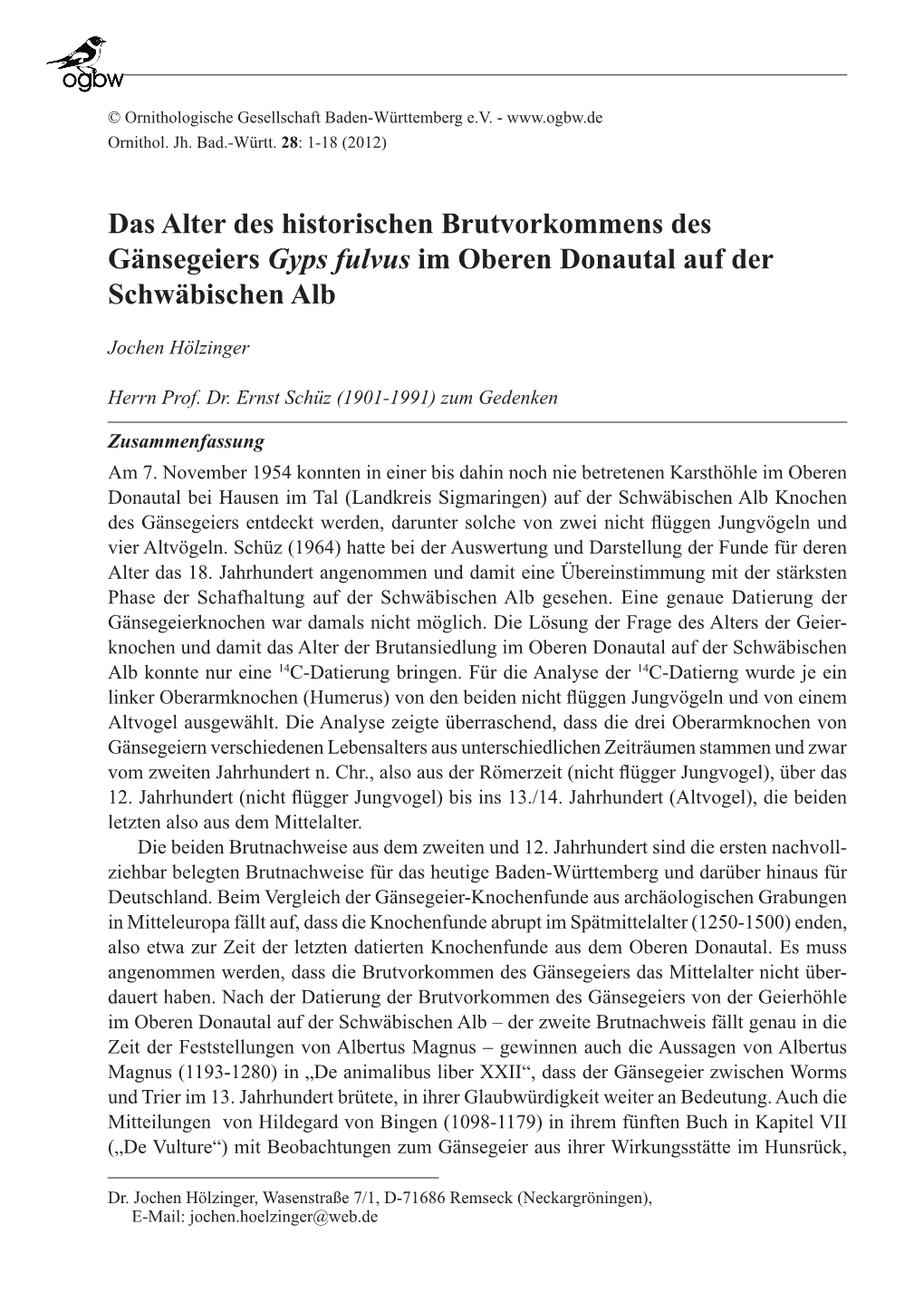Das Alter Des Historischen Brutvorkommens Des Gänsegeiers Gyps Fulvus Im Oberen Donautal Auf Der Schwäbischen Alb