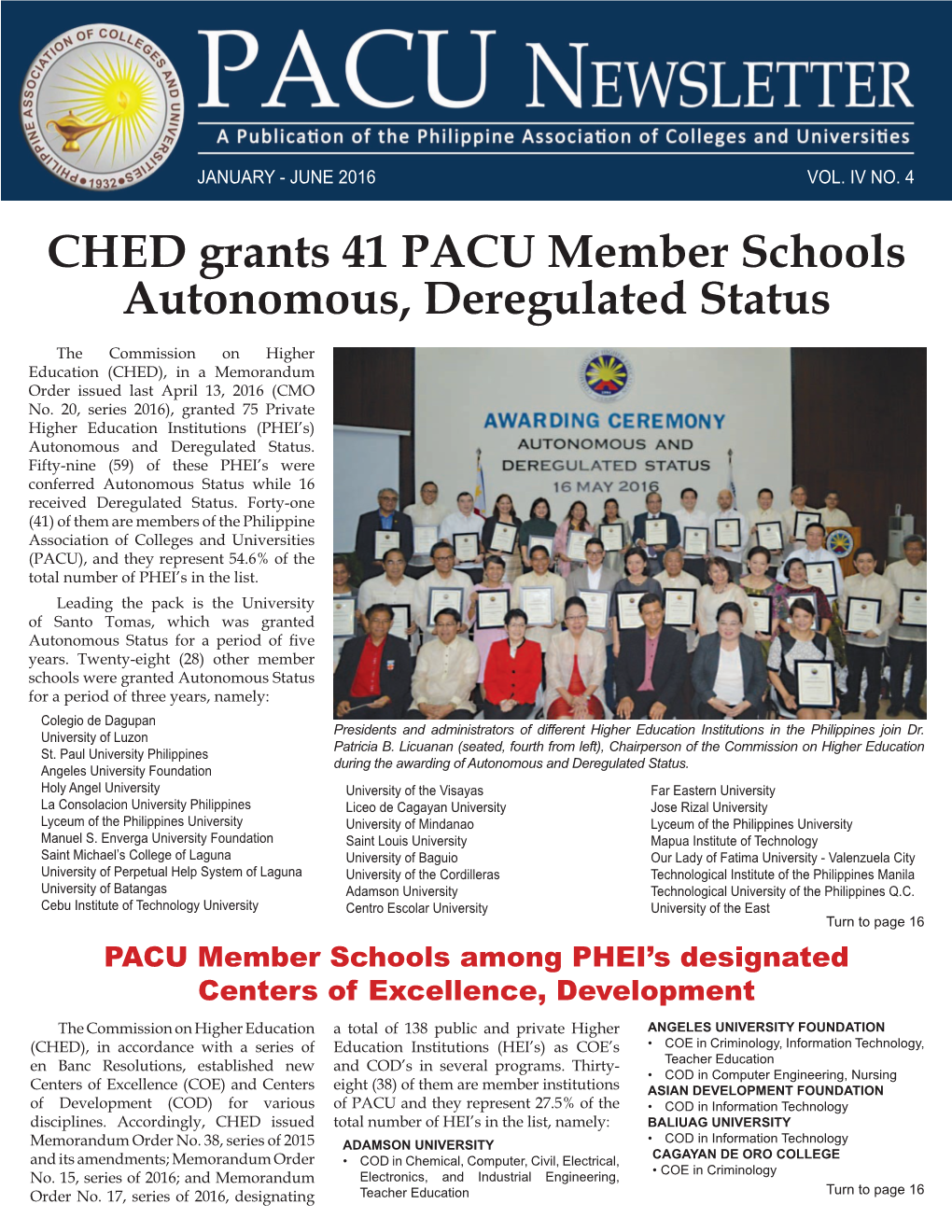 CHED Grants 41 PACU Member Schools Autonomous, Deregulated Status
