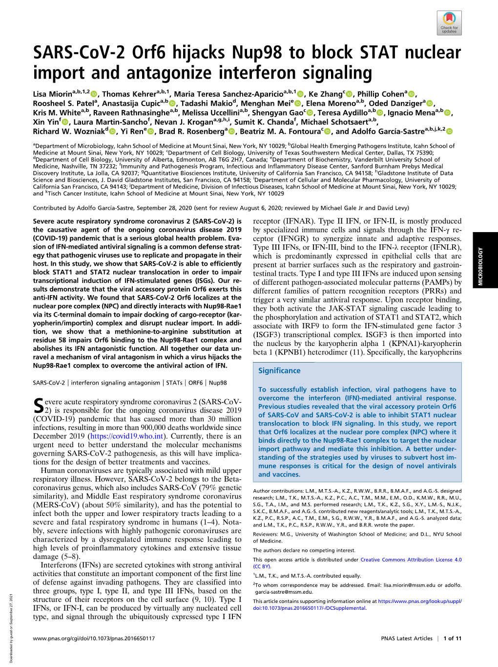 SARS-Cov-2 Orf6 Hijacks Nup98 to Block STAT Nuclear Import and Antagonize Interferon Signaling