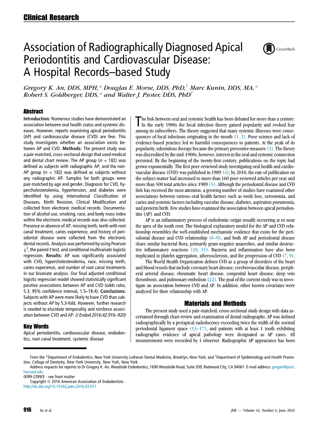 Association of Radiographically Diagnosed Apical Periodontitis and Cardiovascular Disease: a Hospital Records–Based Study Gregory K
