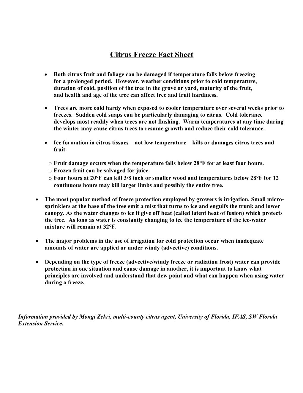 Citrus Freeze Fact Sheet