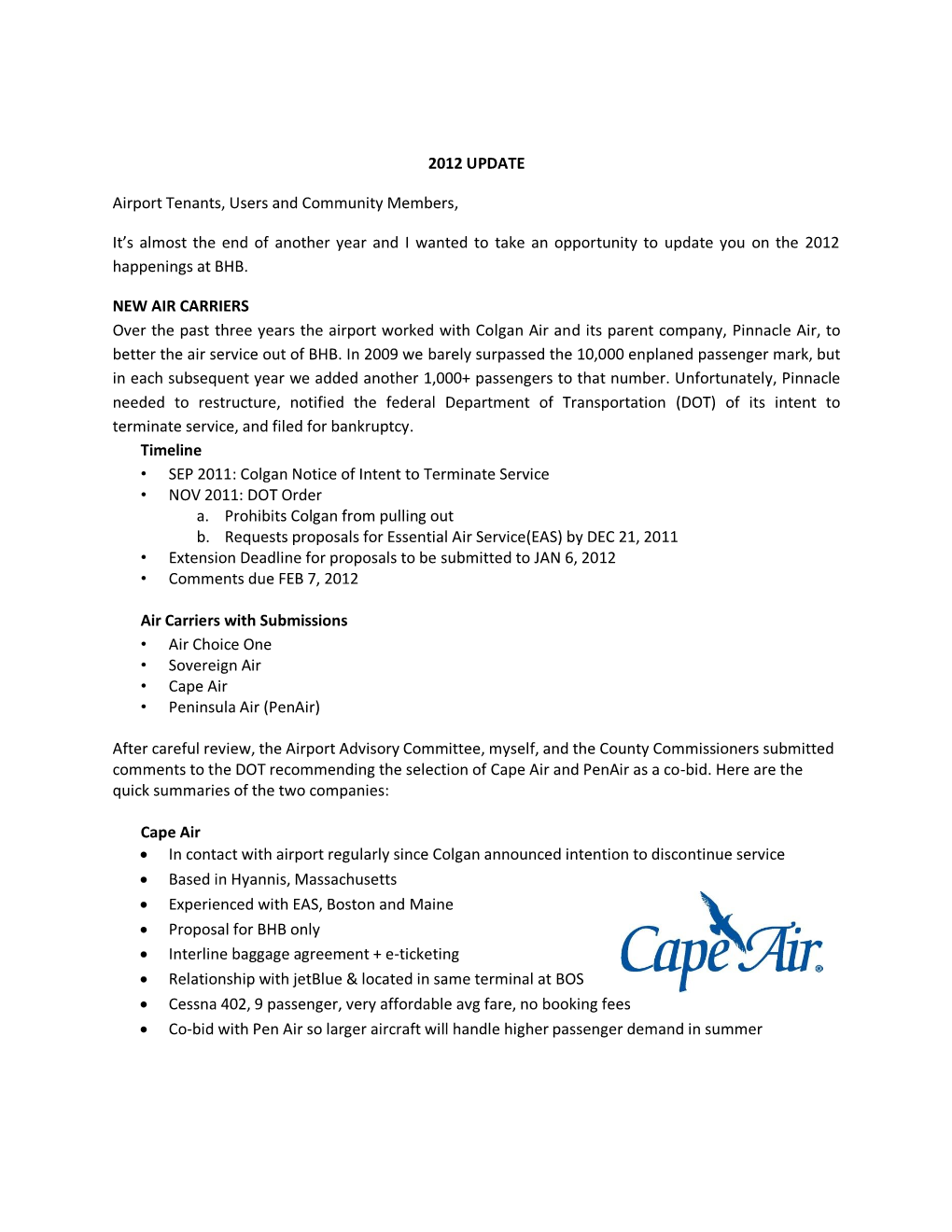 2012 UPDATE Airport Tenants, Users and Community Members, It's