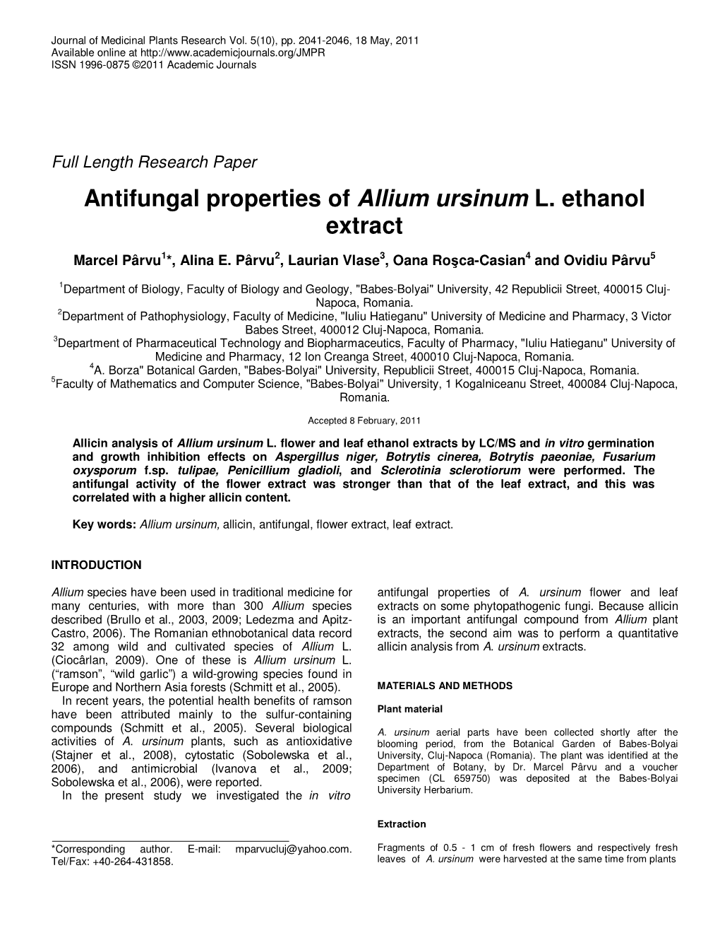 Antifungal Properties of Allium Ursinum L. Ethanol Extract