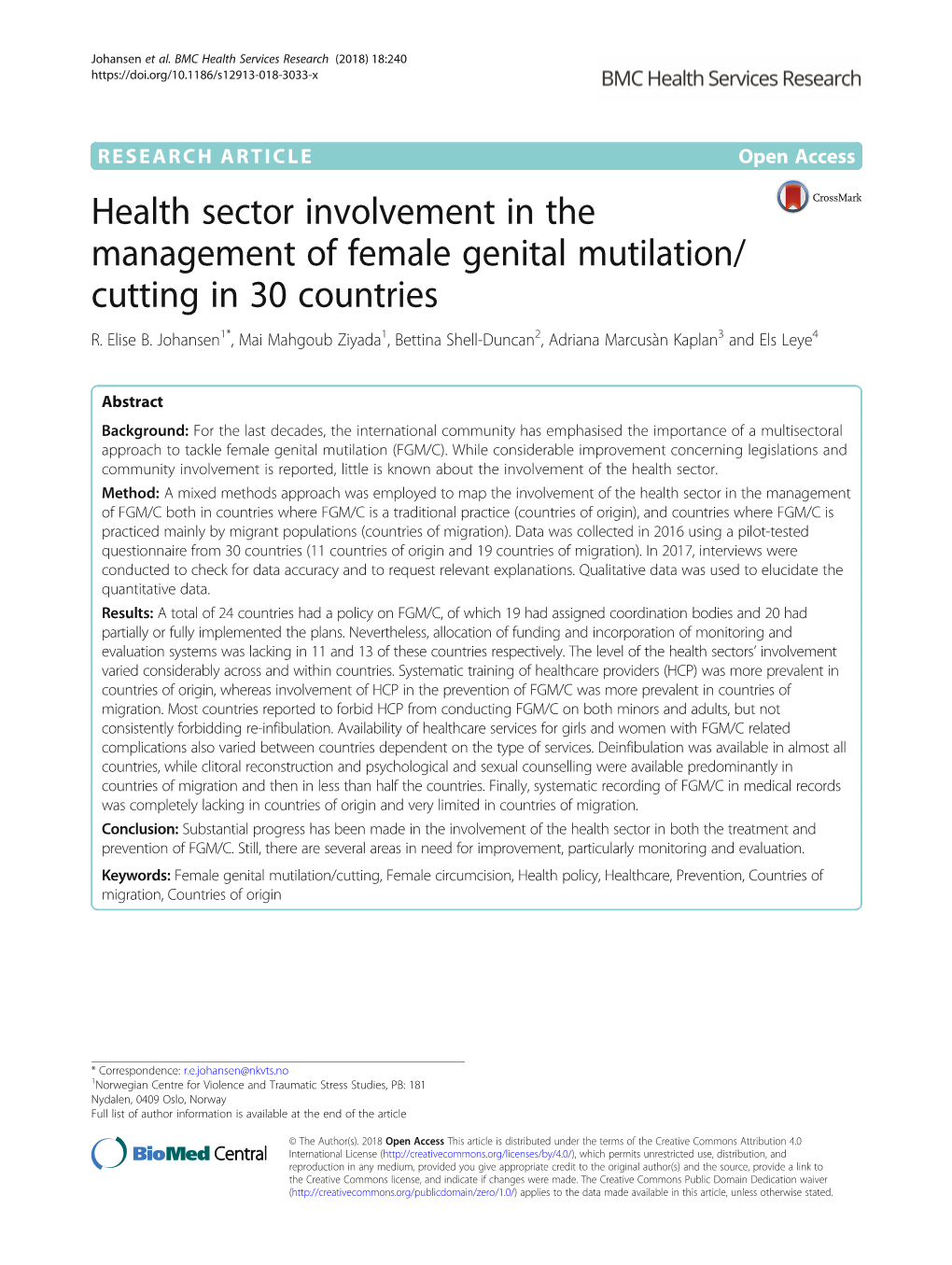 Health Sector Involvement in the Management of Female Genital Mutilation/ Cutting in 30 Countries R