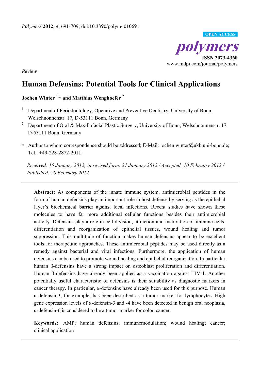 Human Defensins: Potential Tools for Clinical Applications