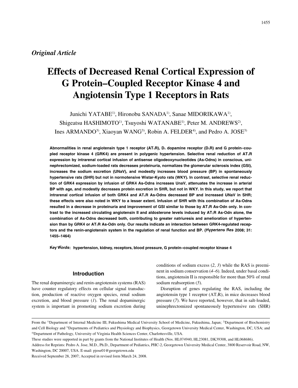 Effects of Decreased Renal Cortical Expression of G Protein–Coupled Receptor Kinase 4 and Angiotensin Type 1 Receptors in Rats