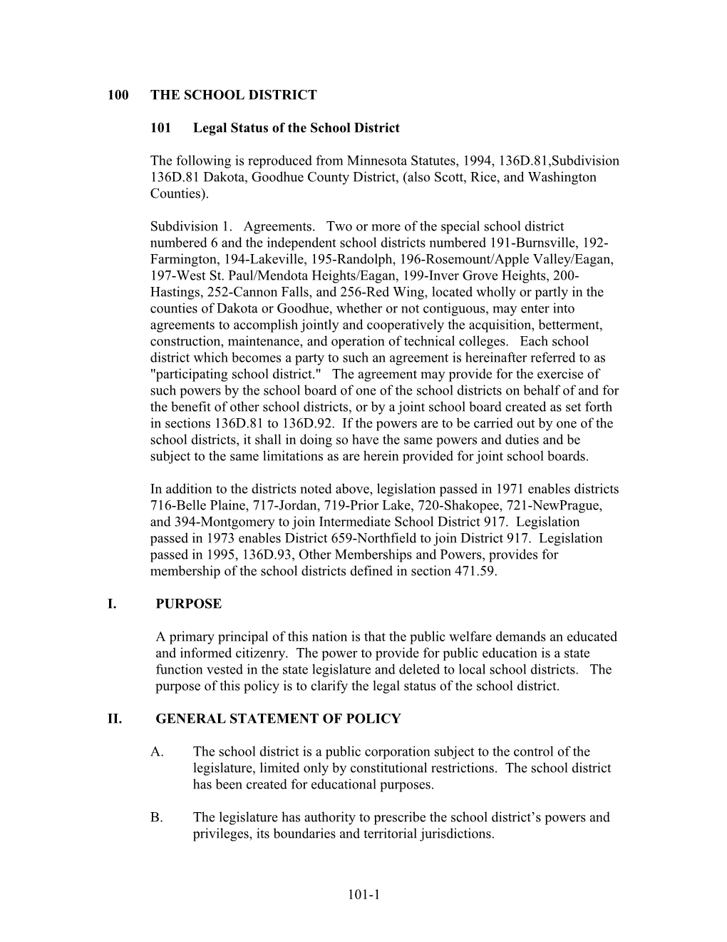 101 Legal Status of the School District