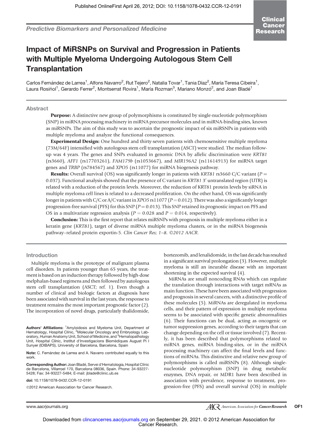 Impact of Mirsnps on Survival and Progression in Patients with Multiple Myeloma Undergoing Autologous Stem Cell Transplantation