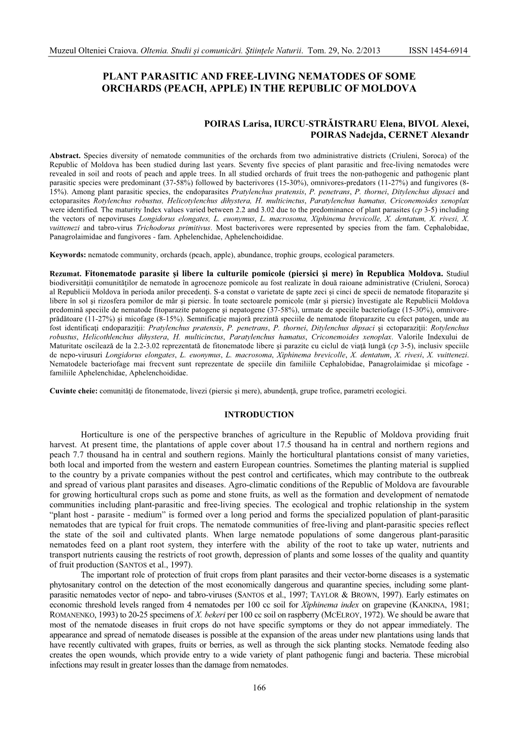 Plant Parasitic and Free-Living Nematodes of Some Orchards (Peach, Apple) in the Republic of Moldova