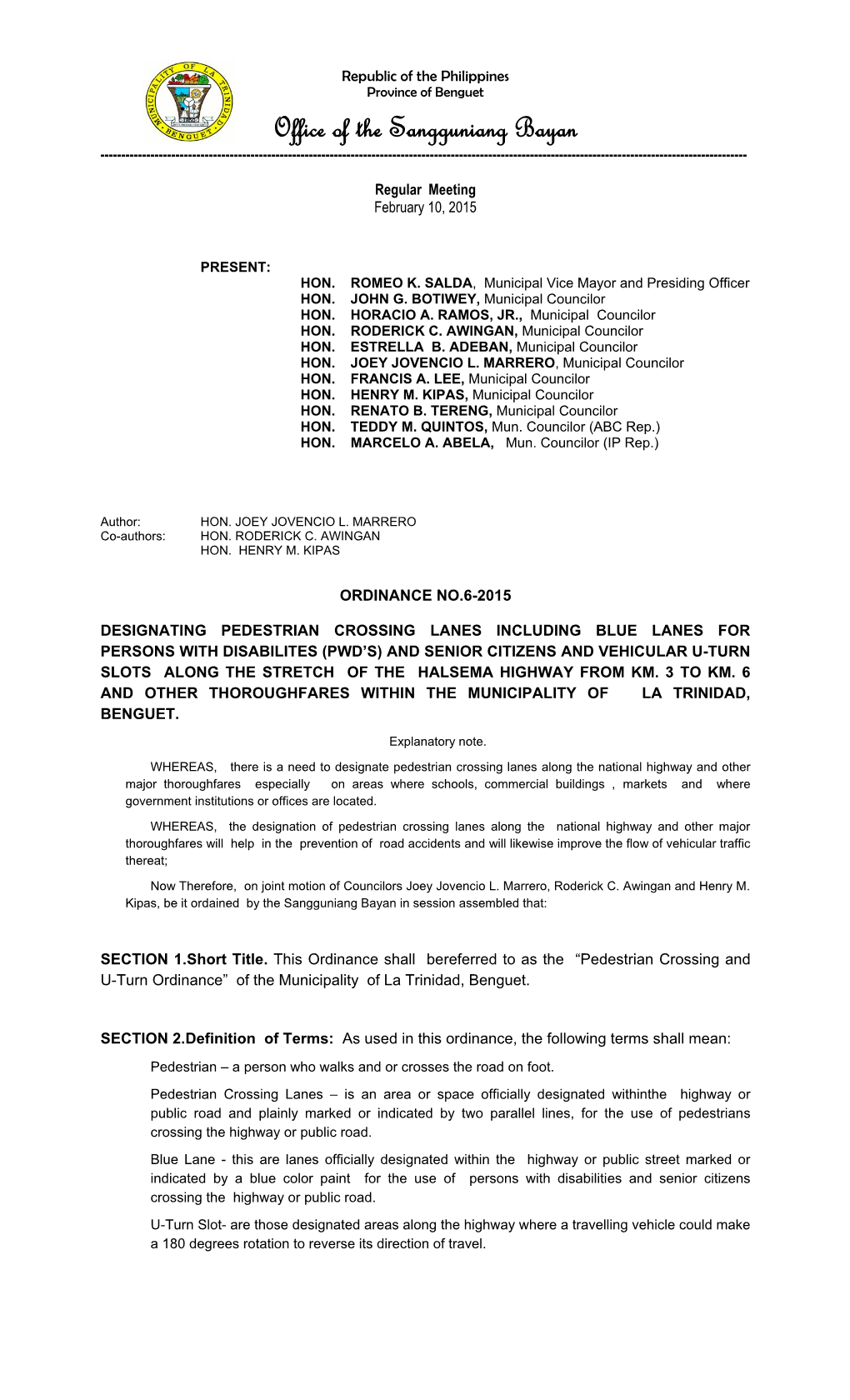 La Trinidad, Benguet 20150210 Pedestrian Crossing and U-Turn Ordinance