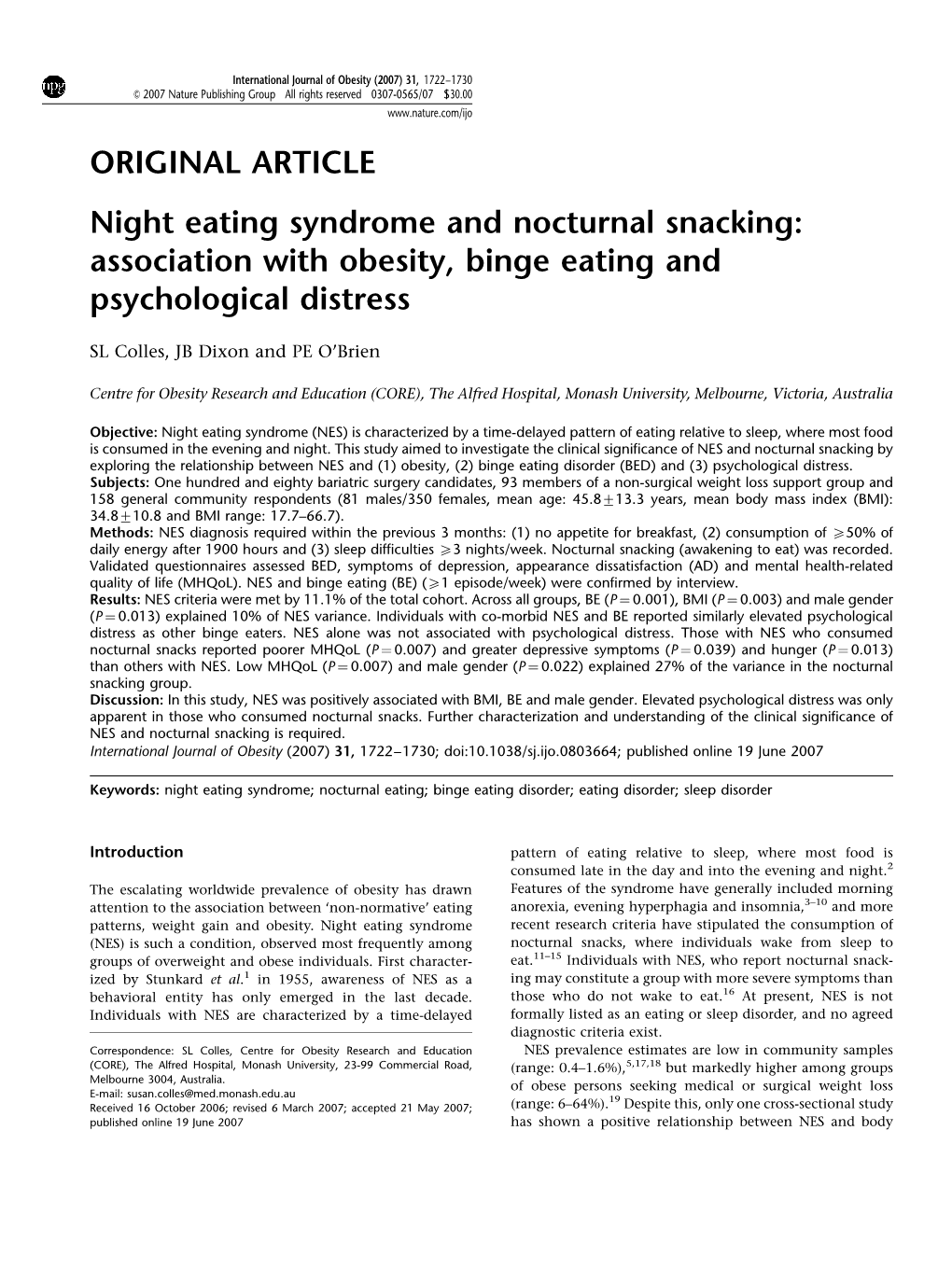 Association with Obesity, Binge Eating and Psychological Distress