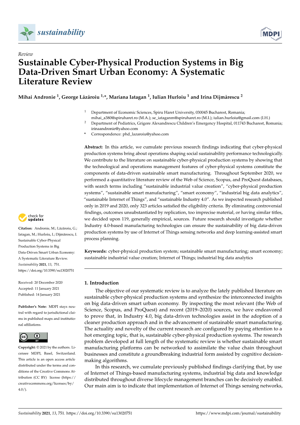 Sustainable Cyber-Physical Production Systems in Big Data-Driven Smart Urban Economy: a Systematic Literature Review