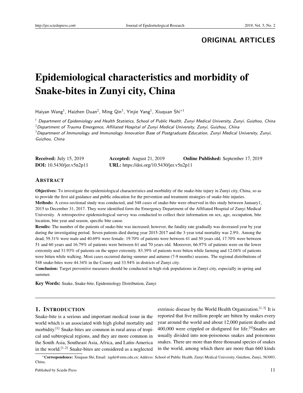 Epidemiological Characteristics and Morbidity of Snake-Bites in Zunyi City, China