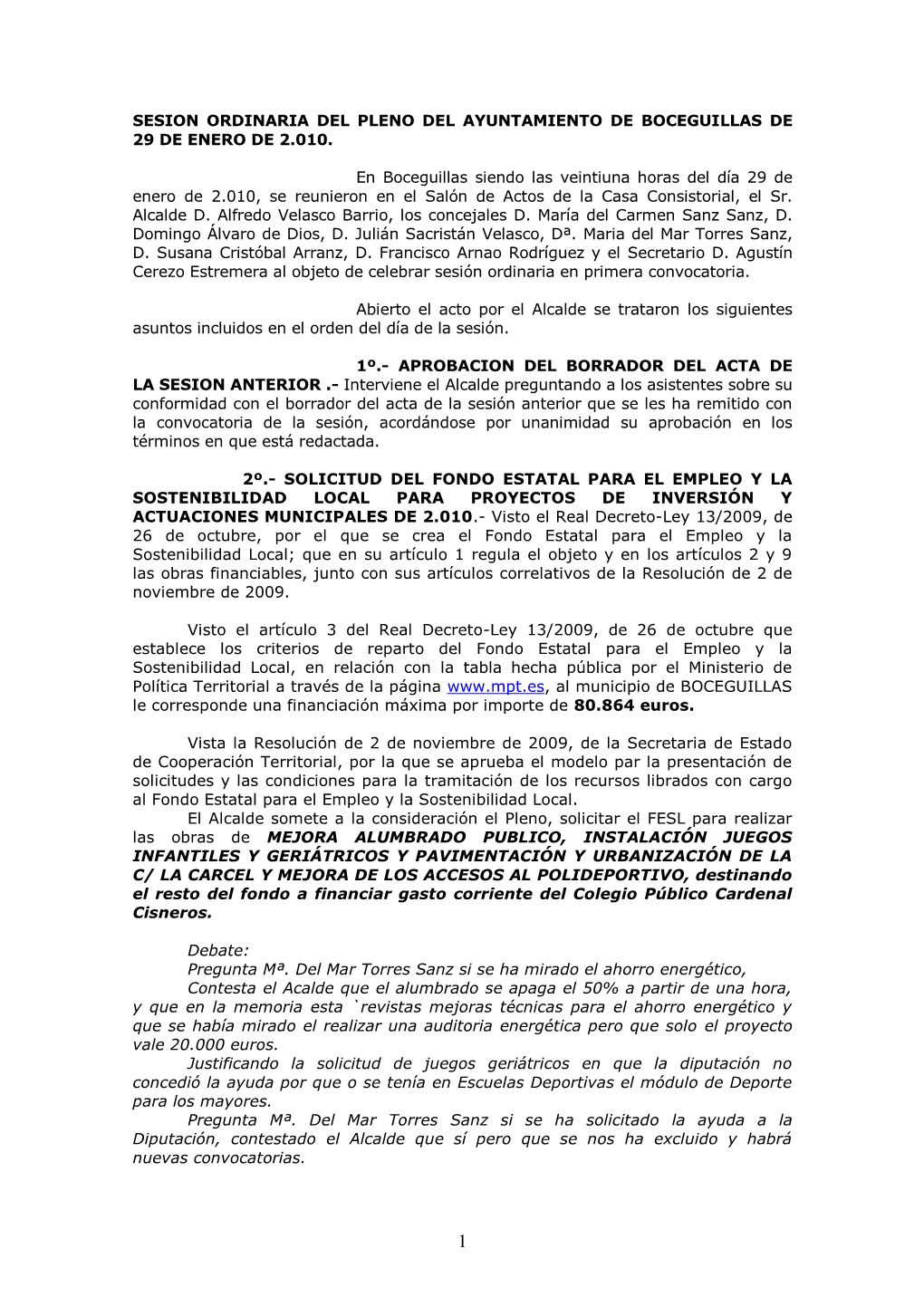 Sesion Ordinaria Del Pleno Del Ayuntamiento De Boceguillas De 29 De Enero De 2.010