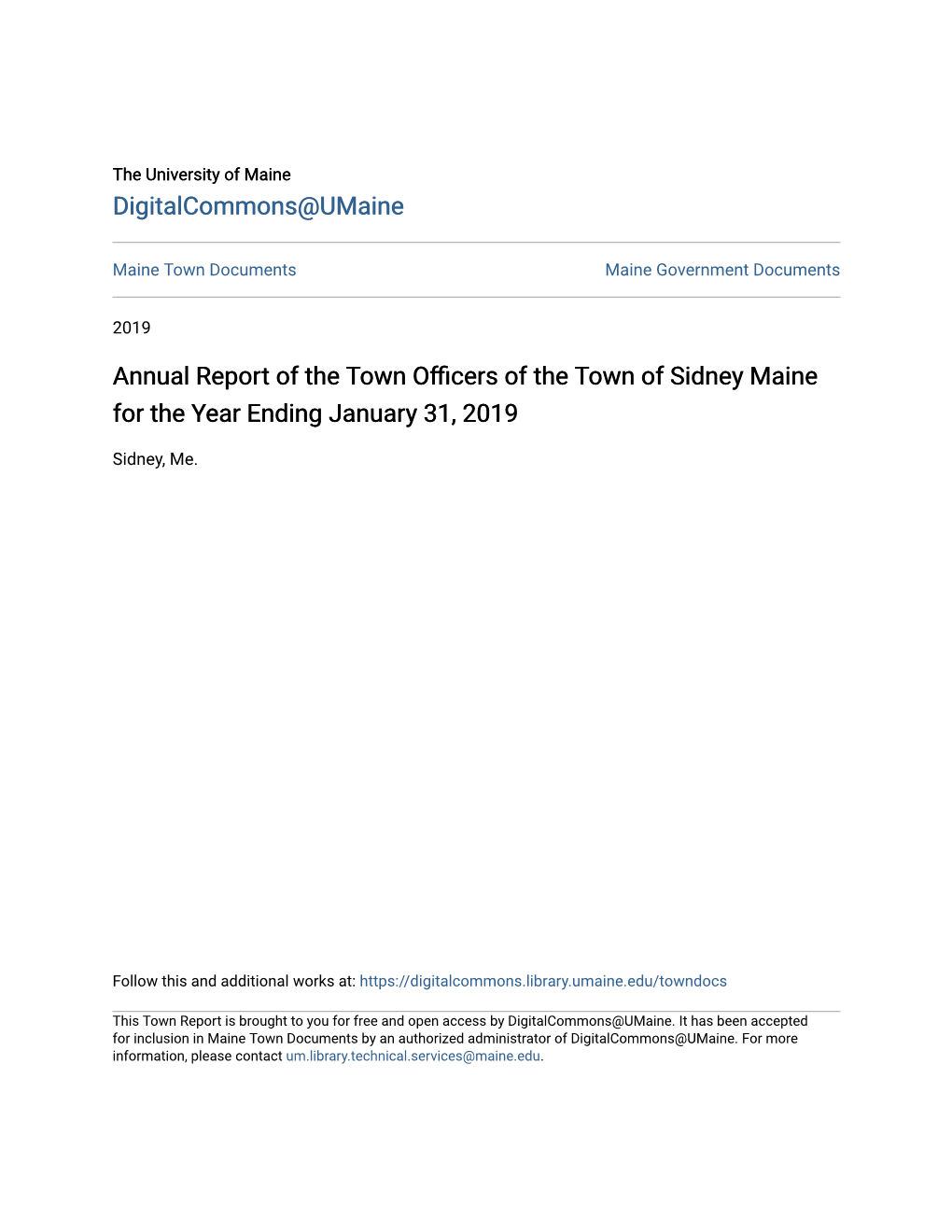 Annual Report of the Town Officers of the Town of Sidney Maine for The