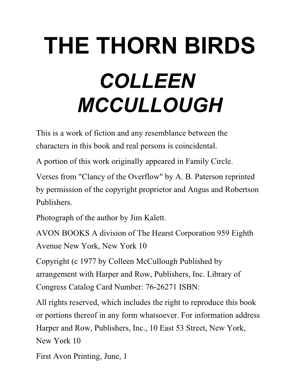 The Thorn Birds Colleen Mccullough