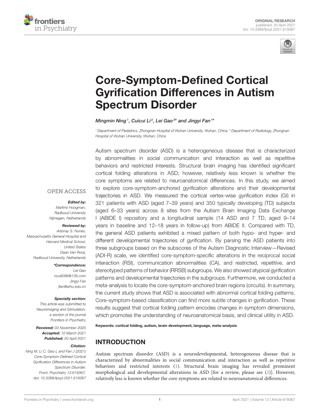 Core-Symptom-Defined Cortical Gyrification Differences in Autism