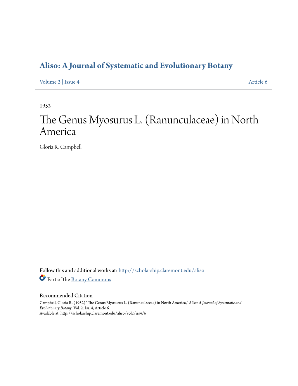 The Genus Myosurus L. (Ranunculaceae) in North America Gloria R