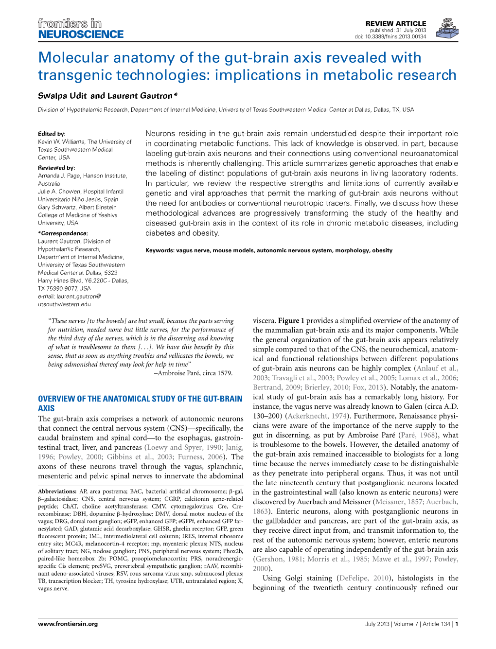 Molecular Anatomy of the Gut-Brain Axis Revealed with Transgenic Technologies: Implications in Metabolic Research