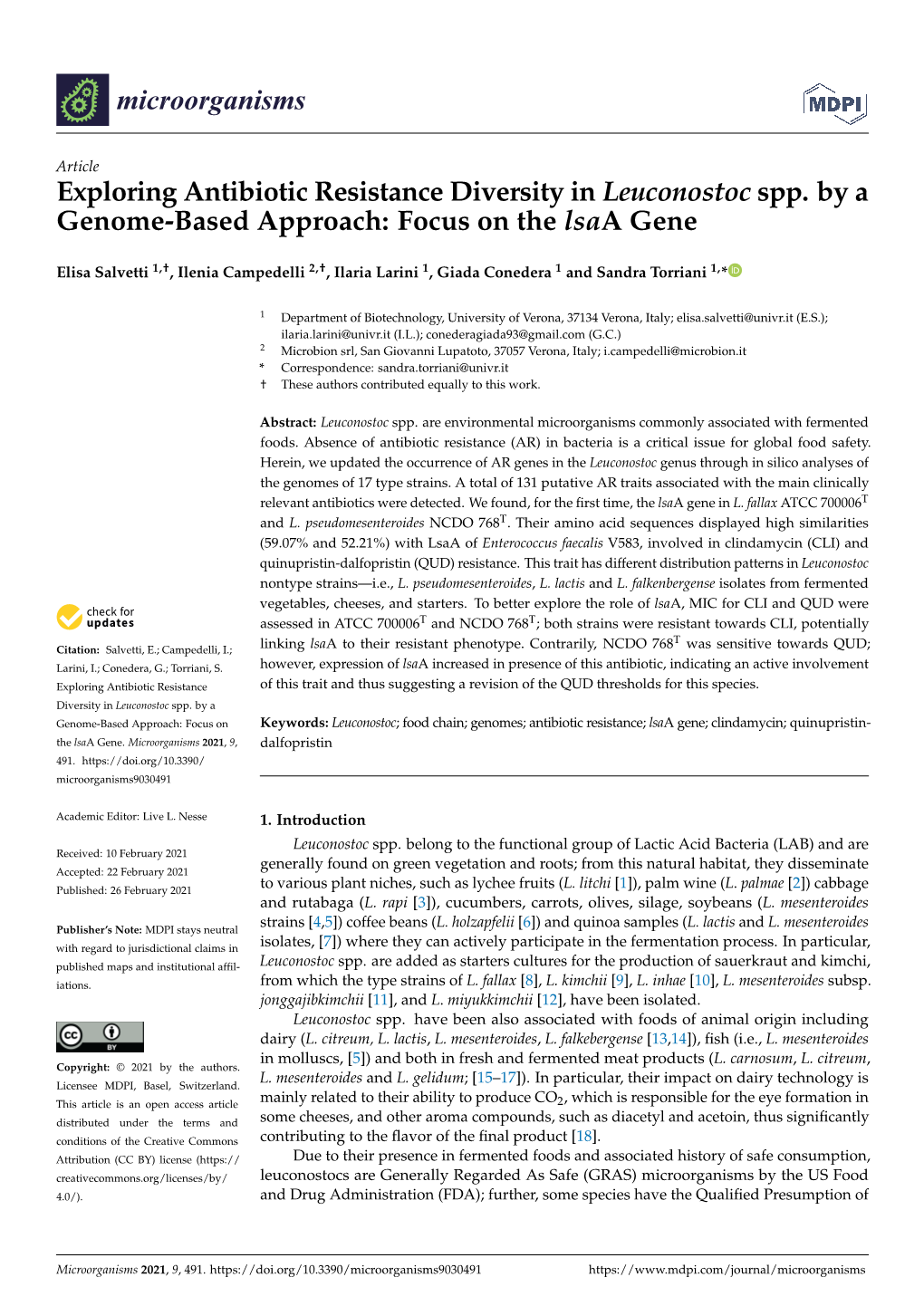 Exploring Antibiotic Resistance Diversity in Leuconostoc Spp. by a Genome-Based Approach: Focus on the Lsaa Gene