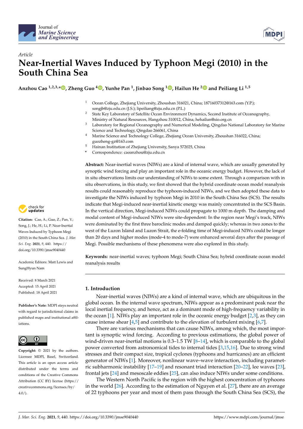 Near-Inertial Waves Induced by Typhoon Megi (2010) in the South China Sea