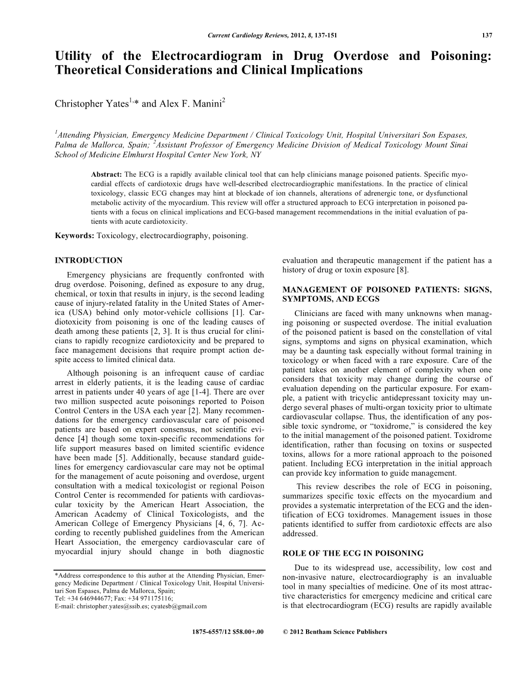 Utility of the Electrocardiogram in Drug Overdose and Poisoning: Theoretical Considerations and Clinical Implications