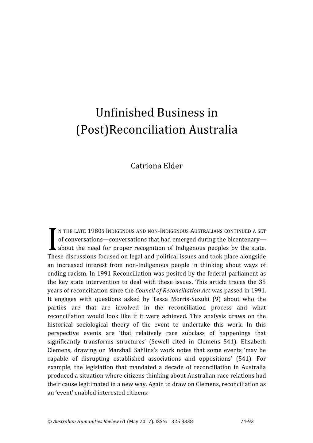 Unfinished Business in (Post)Reconciliation Australia