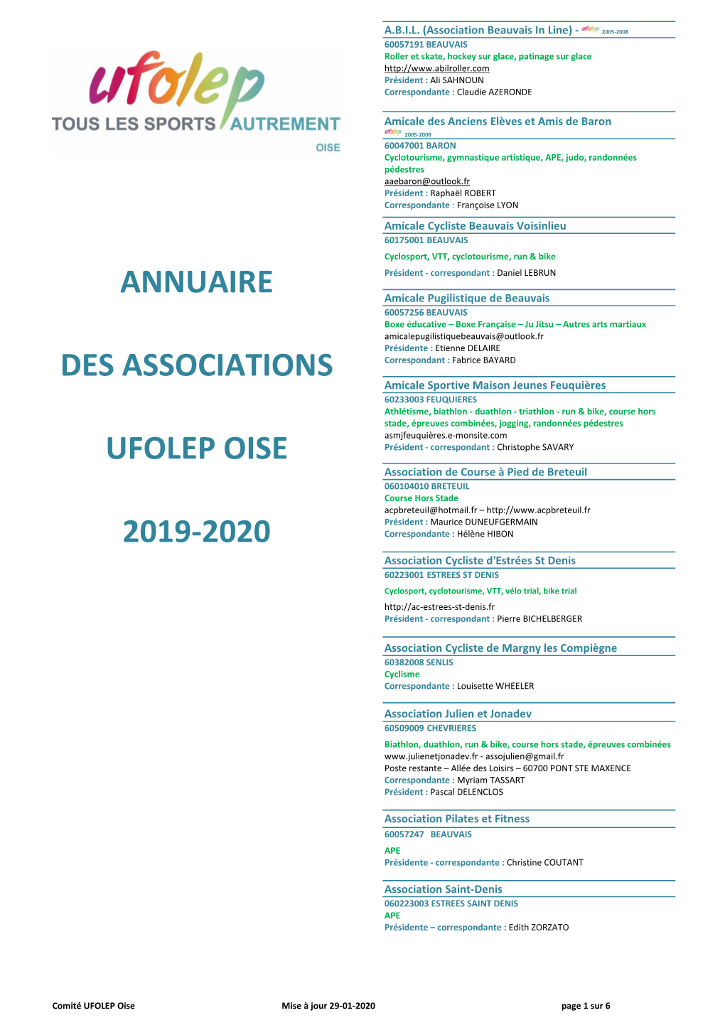 Annuaire Des Associations Ufolep Oise 2019-2020