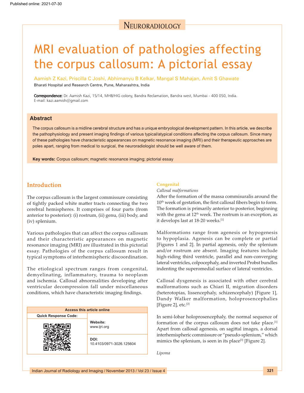 MRI Evaluation of Pathologies Affecting the Corpus Callosum: a Pictorial Essay