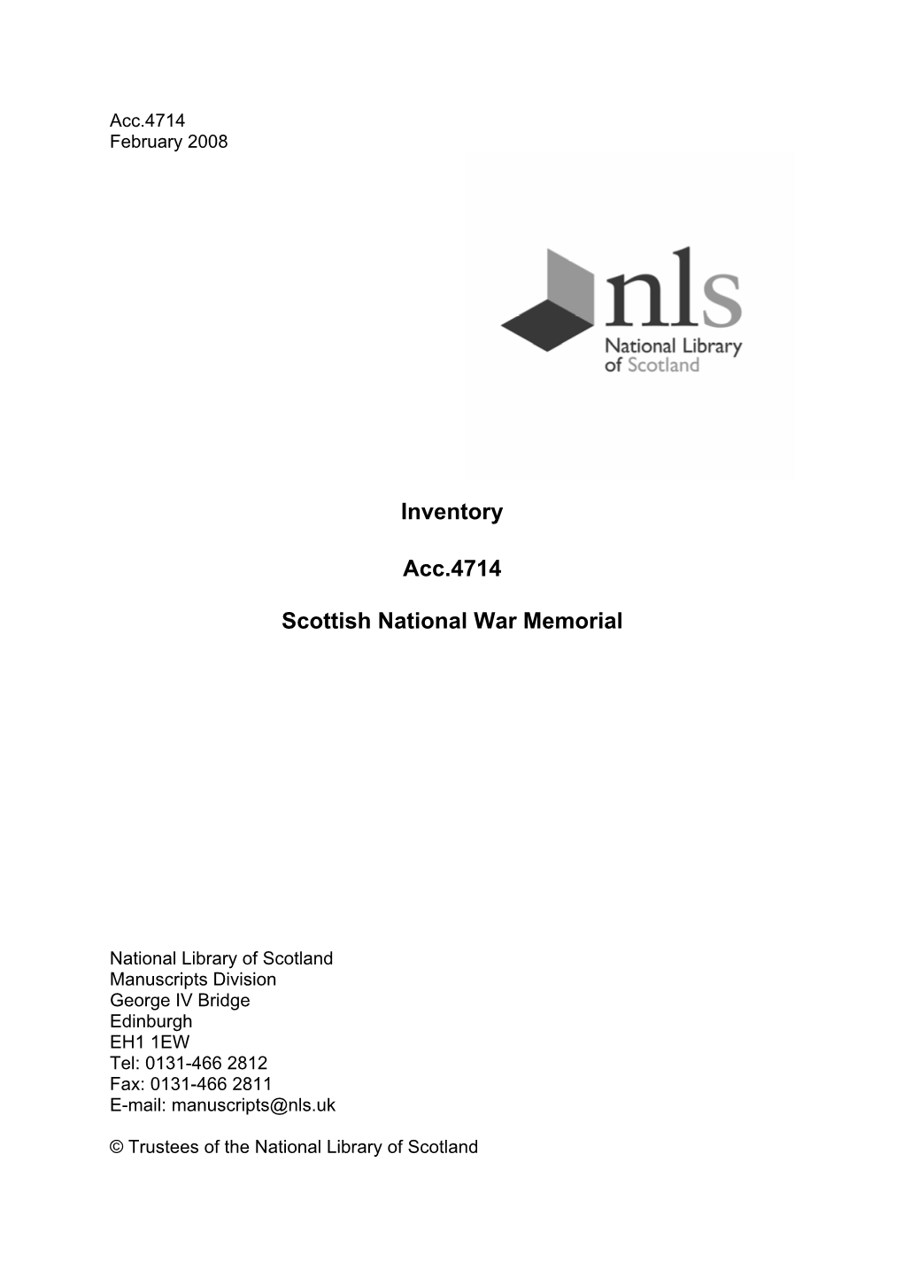 Inventory Acc.4714 Scottish National War Memorial