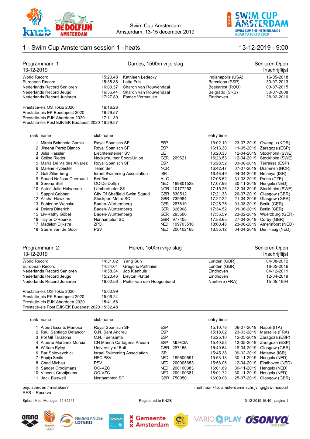 Swim Cup Amsterdam Session 1 - Heats 13-12-2019 - 9:00