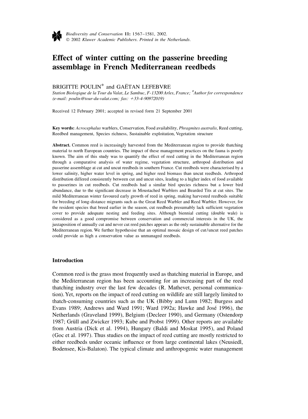 Effect of Winter Cutting on the Passerine Breeding Assemblage in French Mediterranean Reedbeds