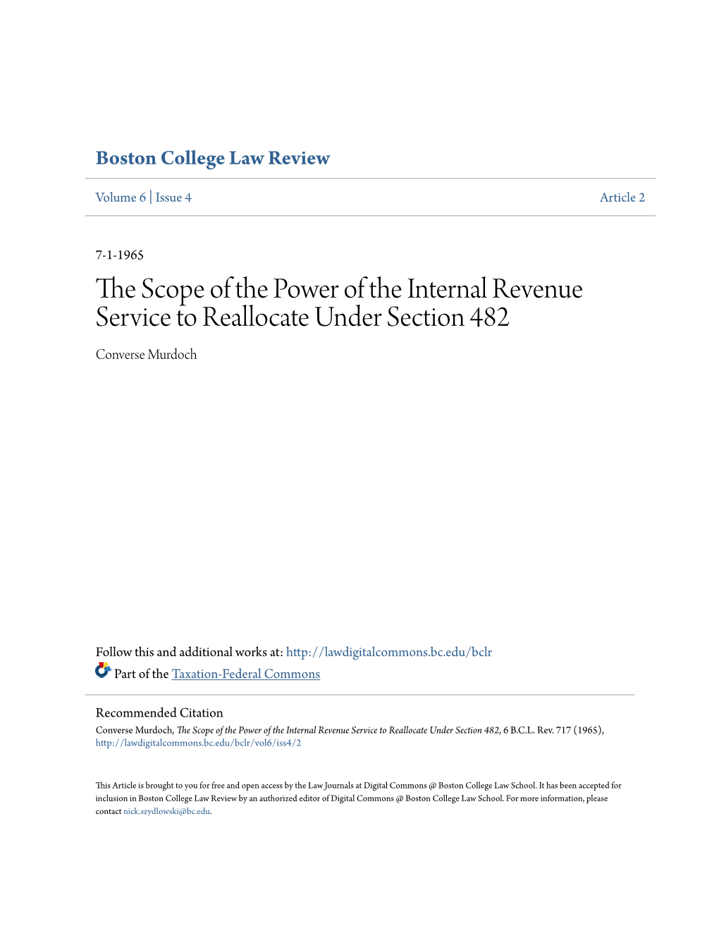 The Scope of the Power of the Internal Revenue Service to Reallocate Under Section 482, 6 B.C.L