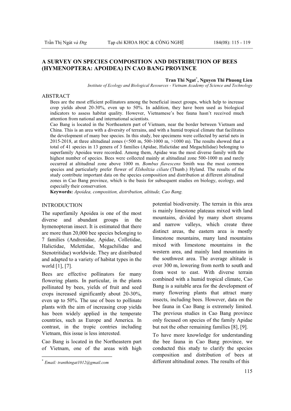 A Survey on Species Composition and Distribution of Bees (Hymenoptera: Apoidea) in Cao Bang Province