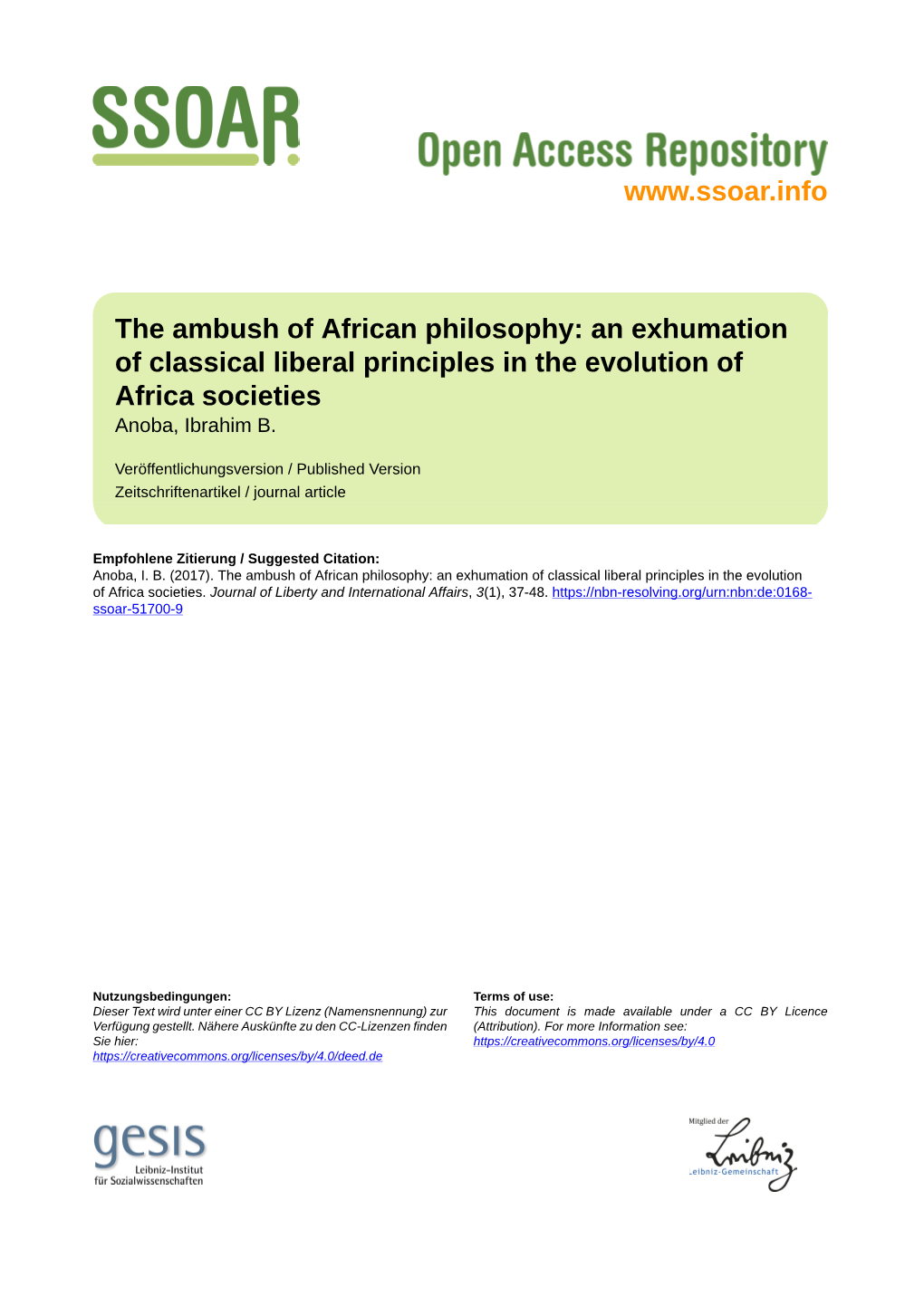 The Ambush of African Philosophy: an Exhumation of Classical Liberal Principles in the Evolution of Africa Societies Anoba, Ibrahim B