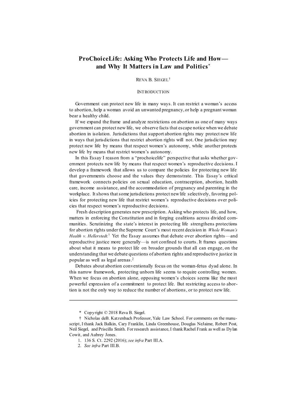 Prochoicelife: Asking Who Protects Life and How— and Why It Matters in Law and Politics*