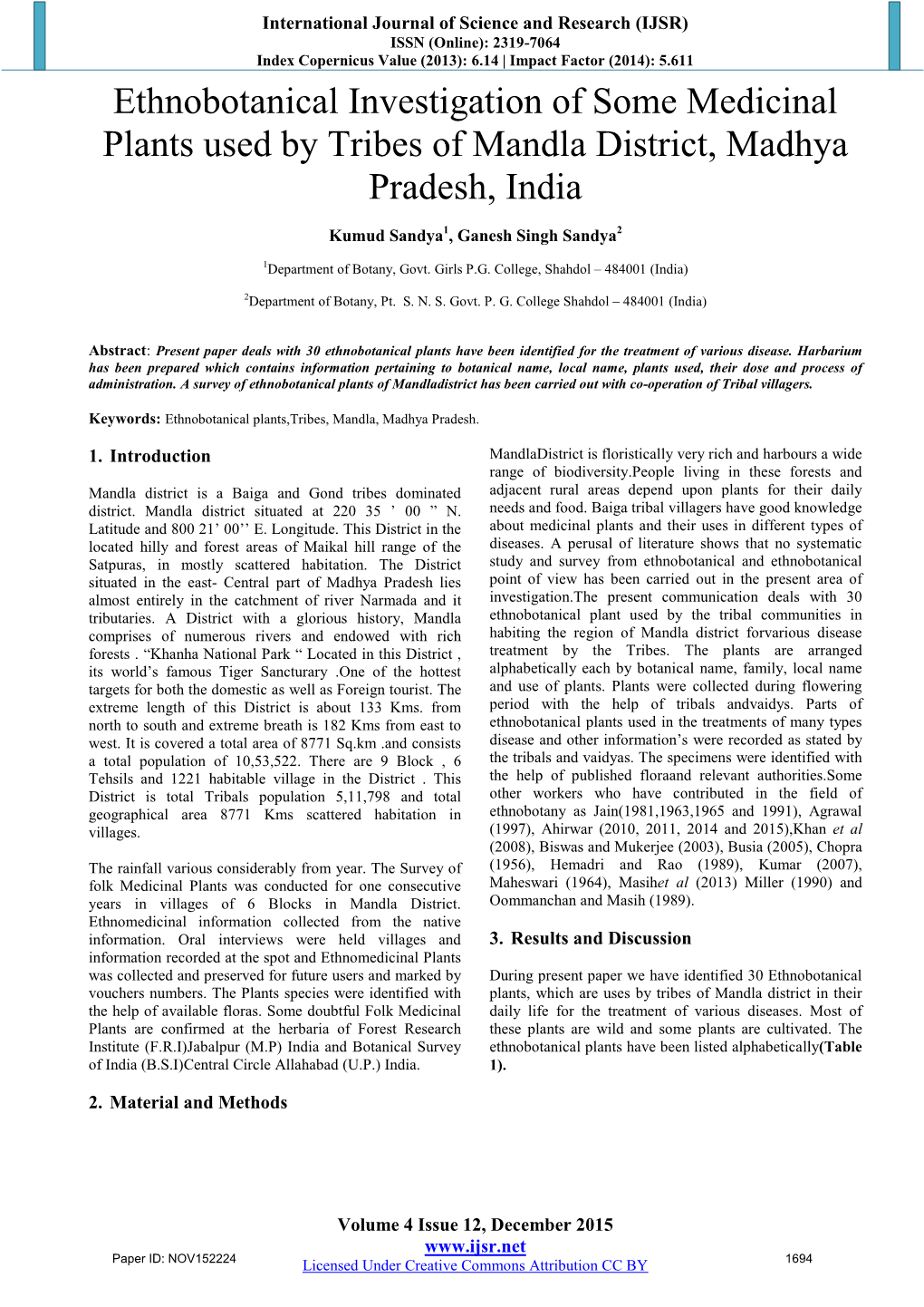 Ethnobotanical Investigation of Some Medicinal Plants Used by Tribes of Mandla District, Madhya Pradesh, India