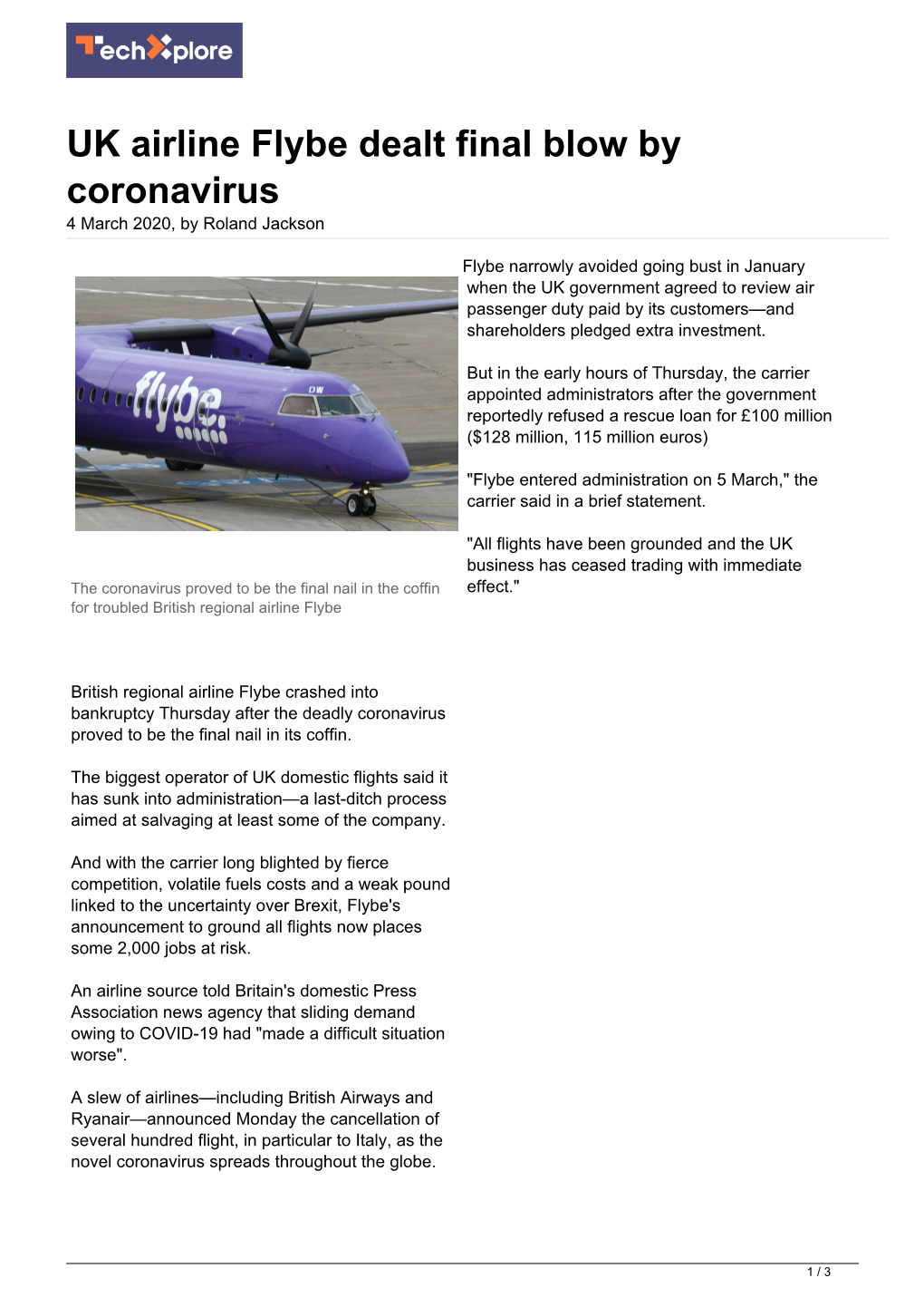 UK Airline Flybe Dealt Final Blow by Coronavirus 4 March 2020, by Roland Jackson