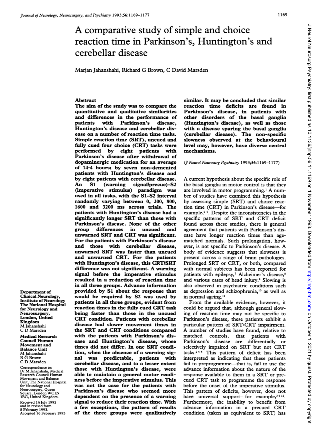 Reaction Time in Parkinson's, Huntington's and Cerebellar Disease