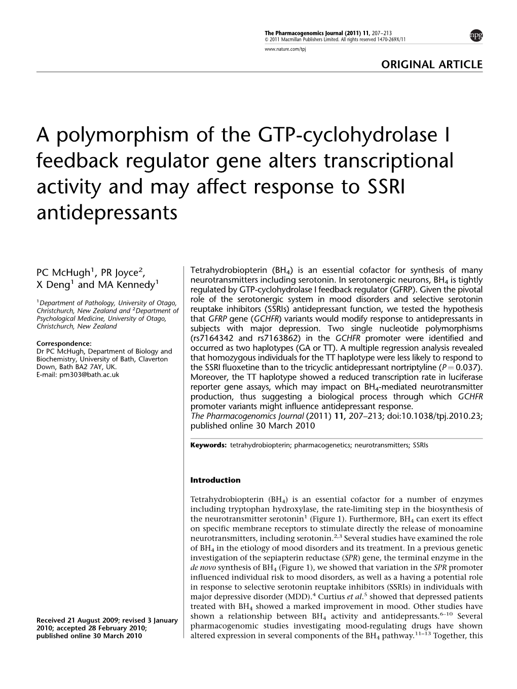 A Polymorphism of the GTP-Cyclohydrolase I Feedback Regulator Gene Alters Transcriptional Activity and May Affect Response to SSRI Antidepressants